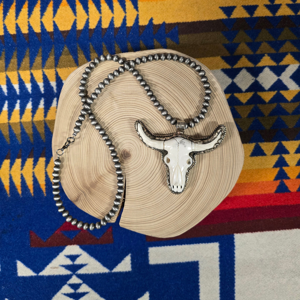 Bone Carved Long Horn Skull Necklace