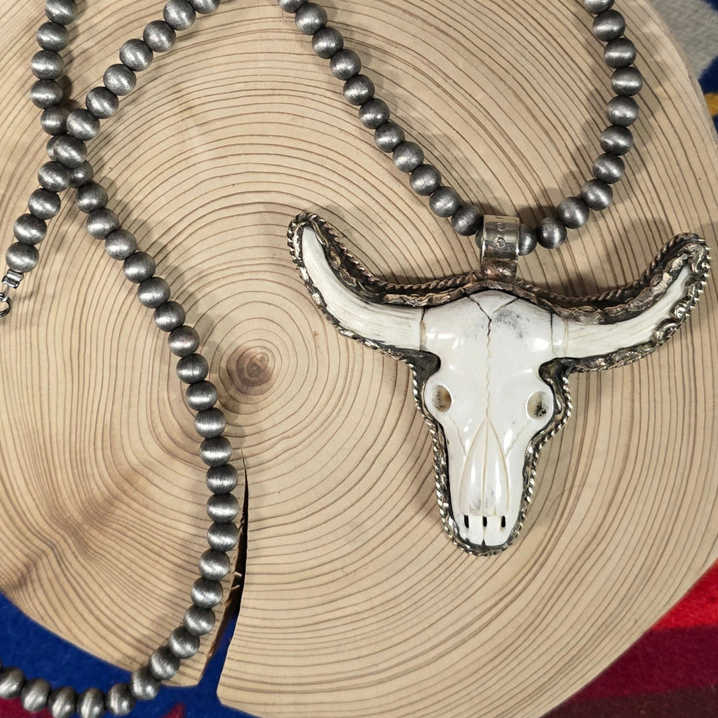 Bone Carved Long Horn Skull Necklace