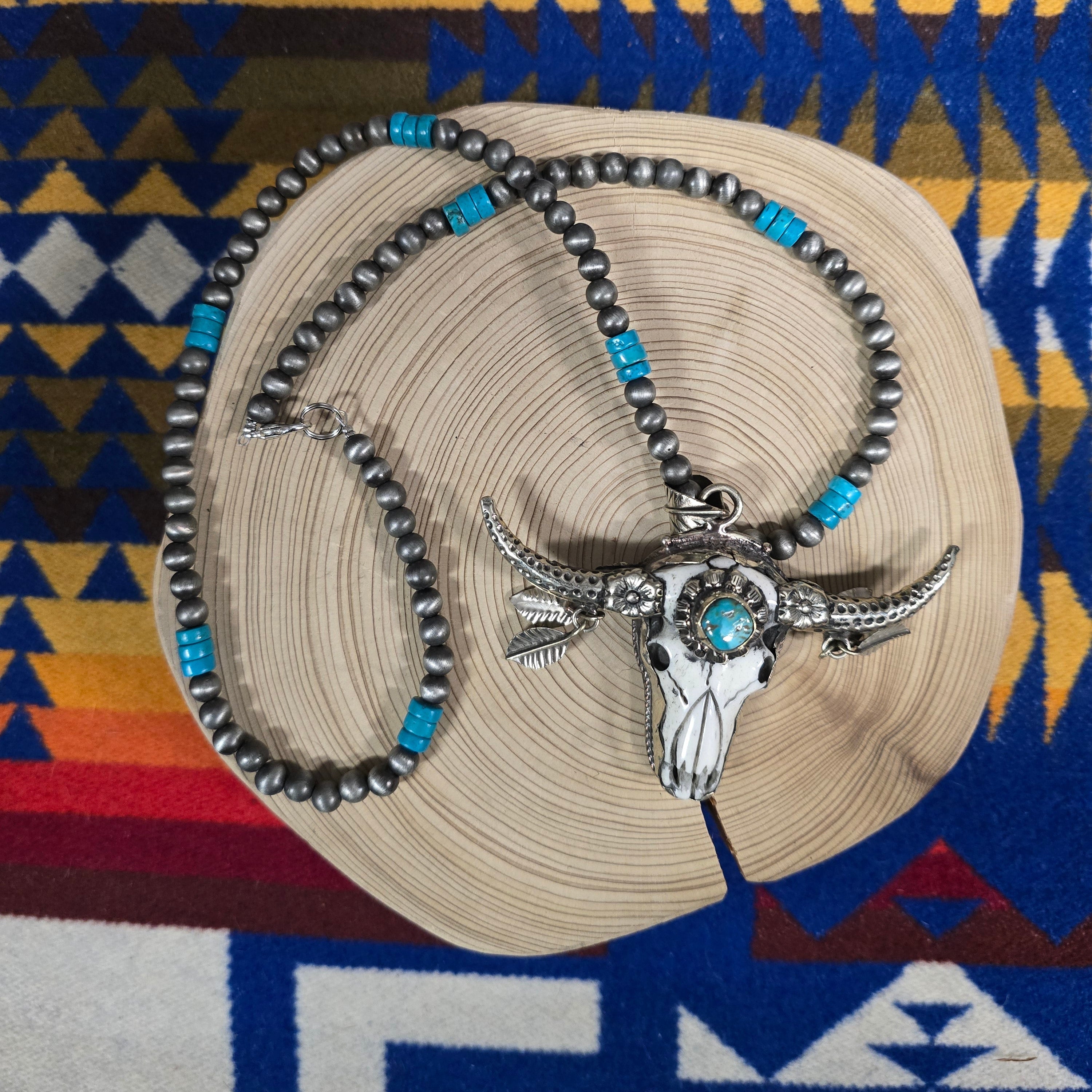 Hand Carved Bone And Turquoise Skull Necklace