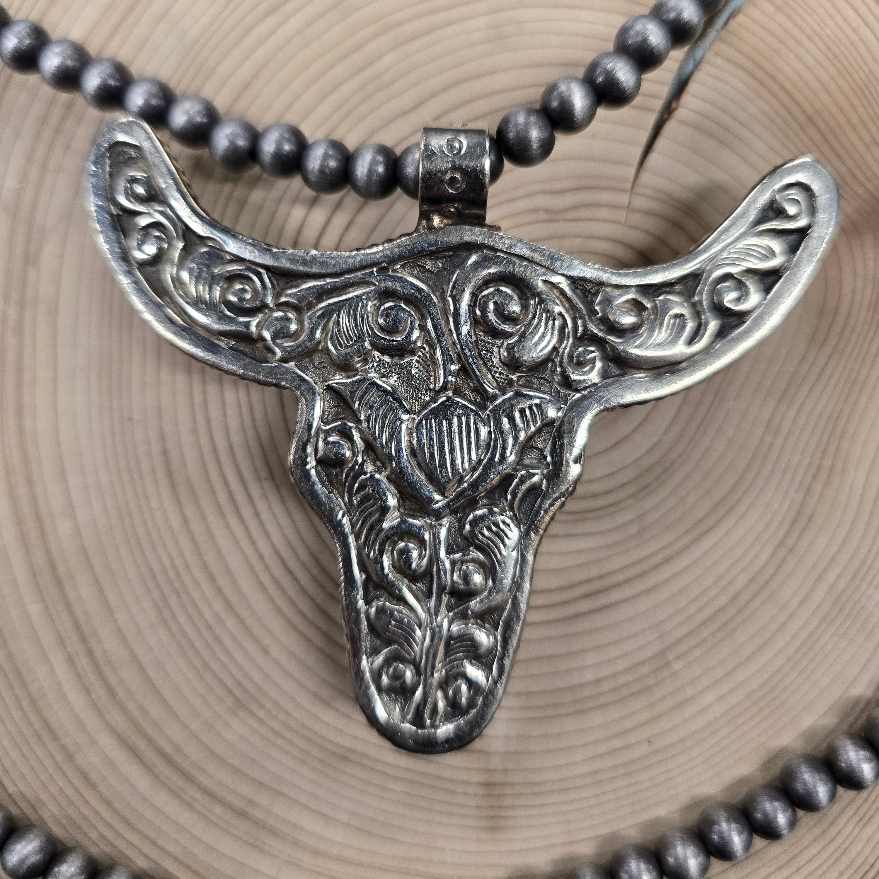 Bone Carved Long Horn Skull Necklace