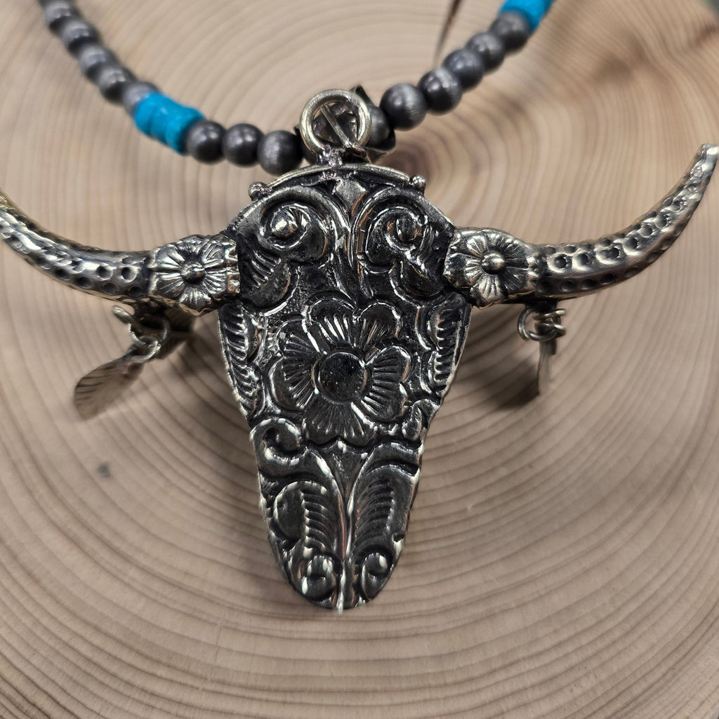 Hand Carved Bone And Turquoise Skull Necklace