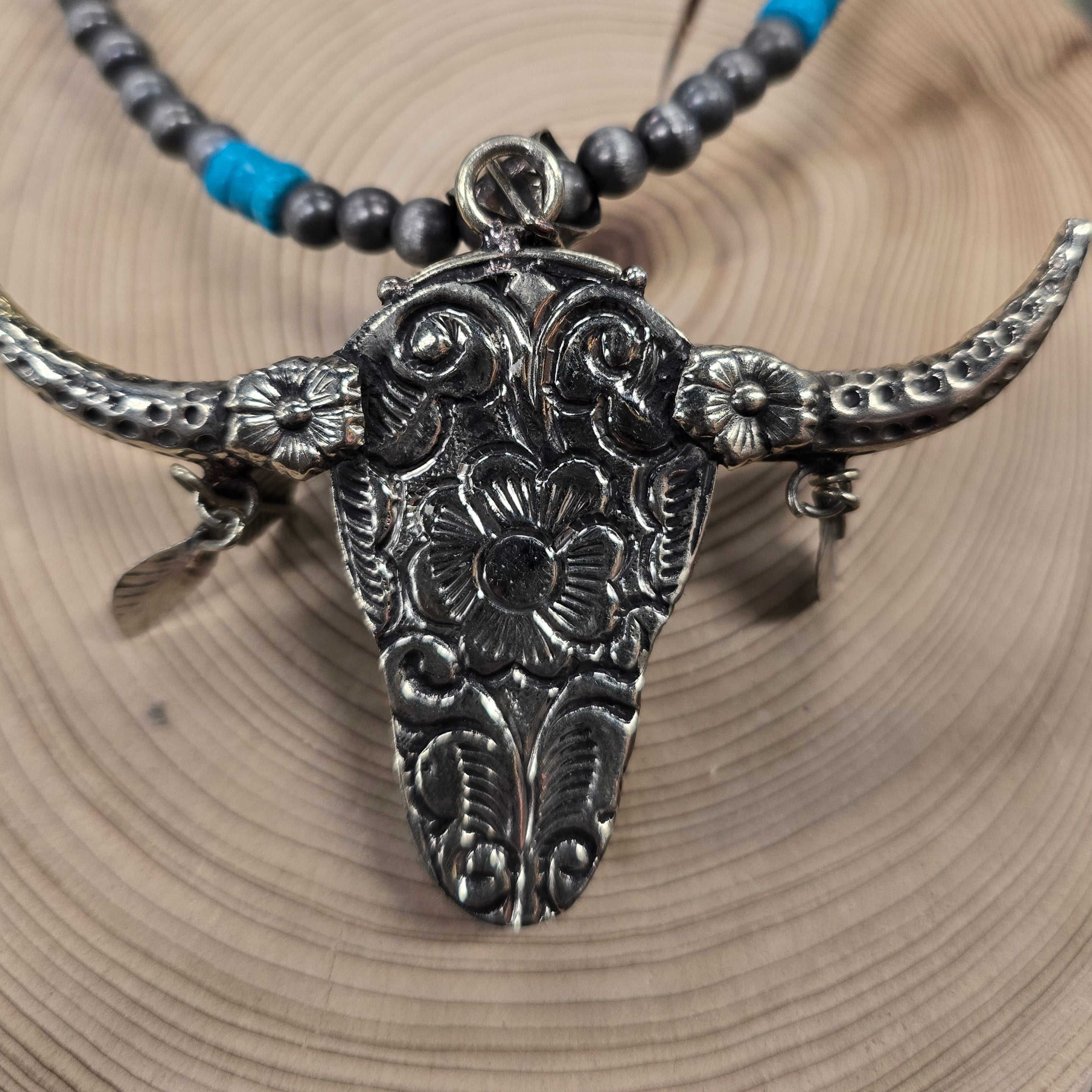 Hand Carved Bone And Turquoise Skull Necklace