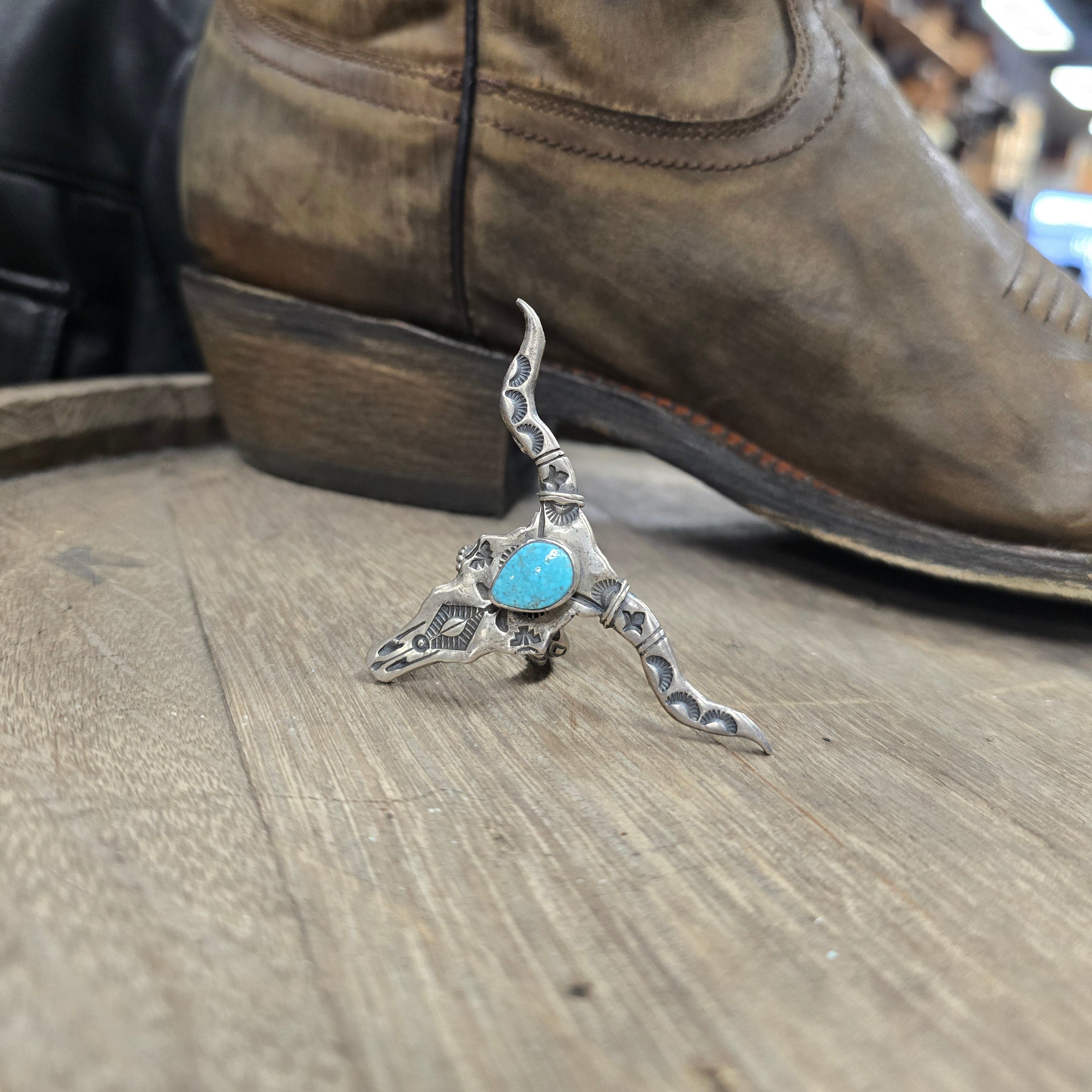 Sterling Silver & Turquoise Leroy James Longhorn Steer Skull  Ring