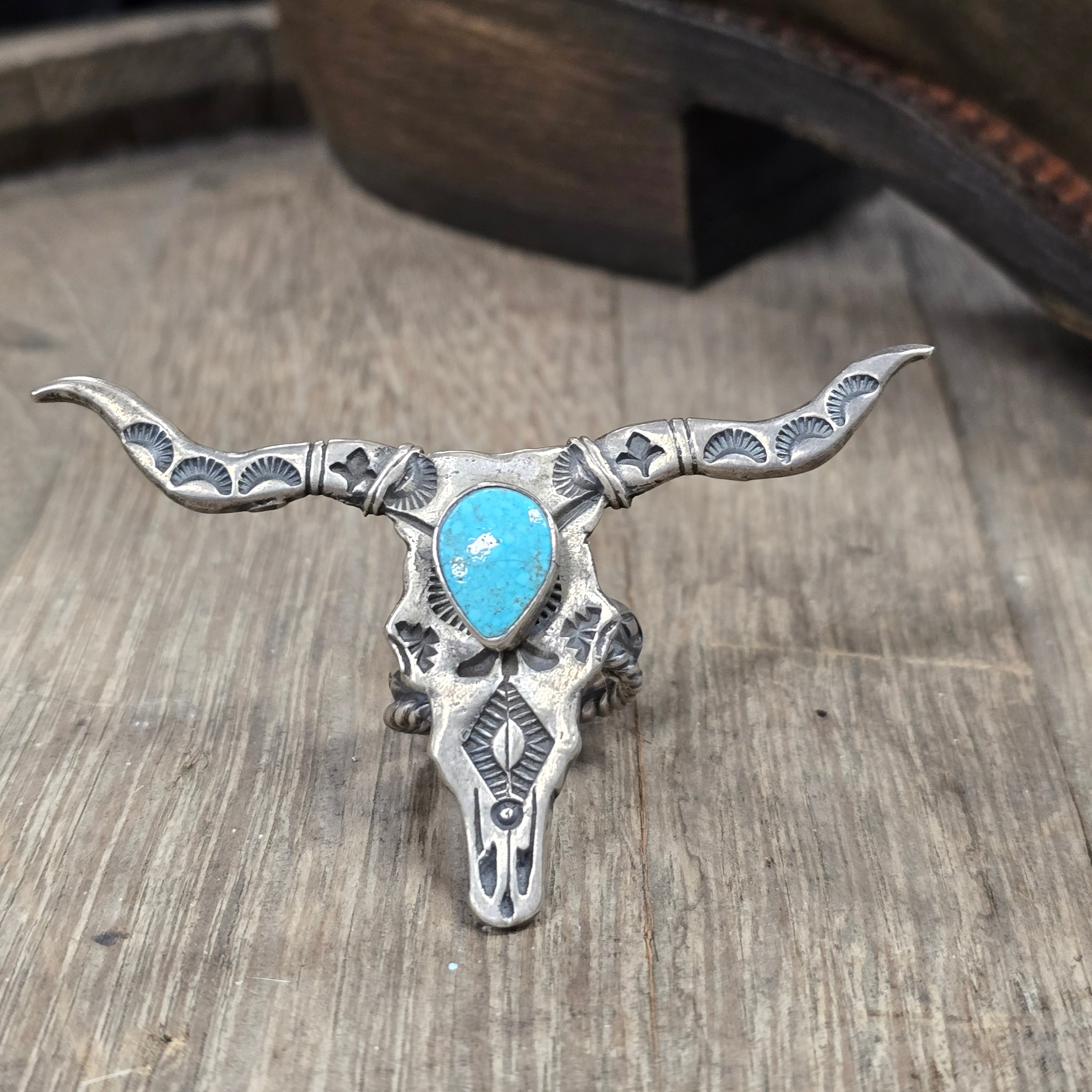 Sterling Silver & Turquoise Leroy James Longhorn Steer Skull  Ring