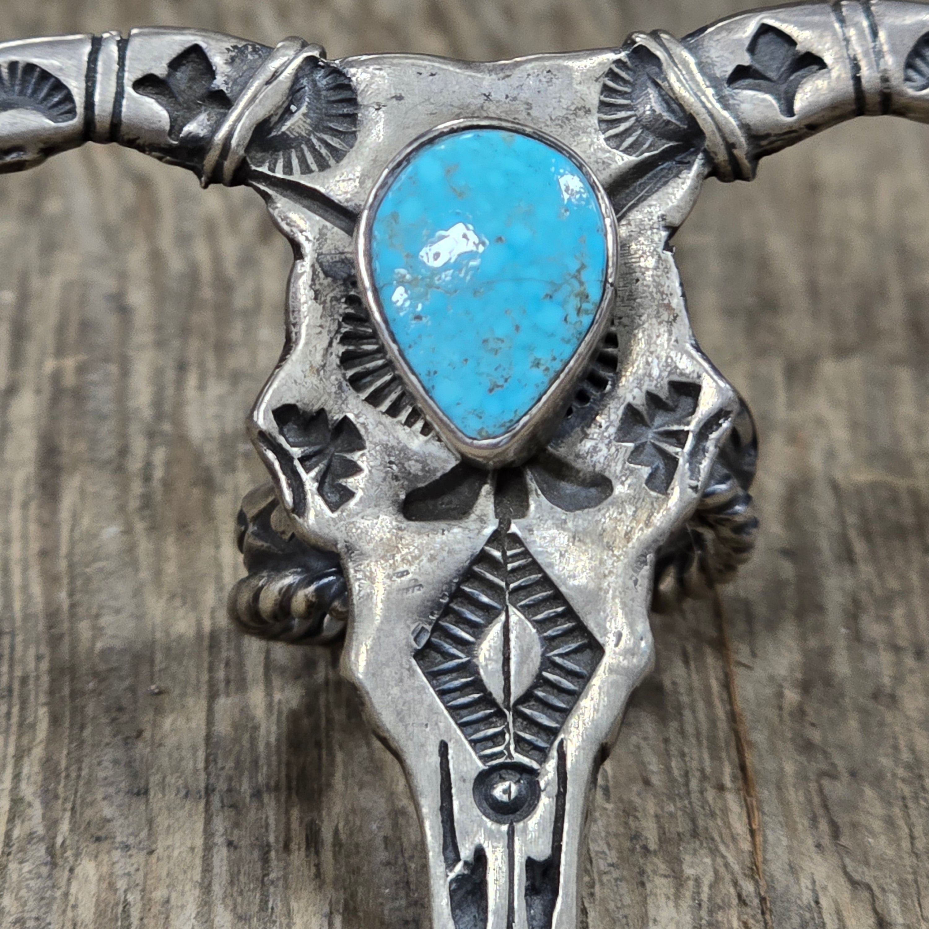 Sterling Silver & Turquoise Leroy James Longhorn Steer Skull  Ring