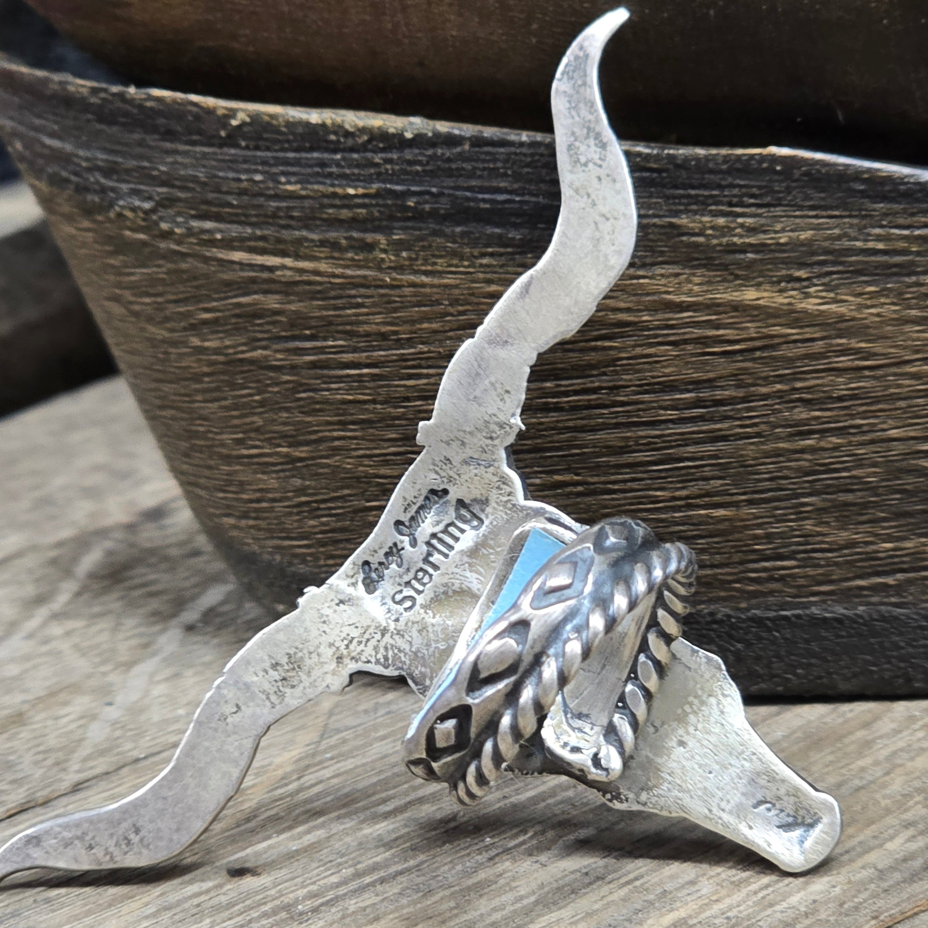 Sterling Silver & Turquoise Leroy James Longhorn Steer Skull  Ring