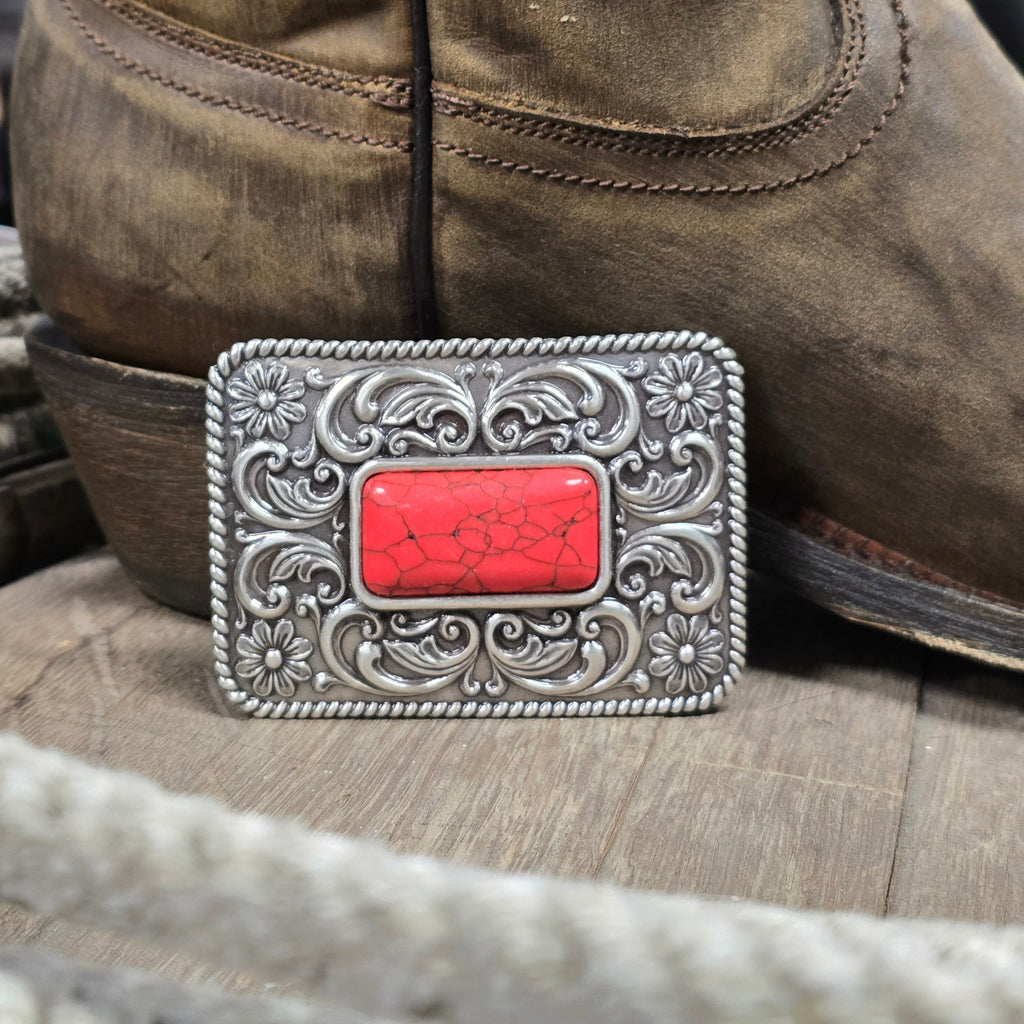 "Big Red' Filigree Faux Stone Belt Buckle