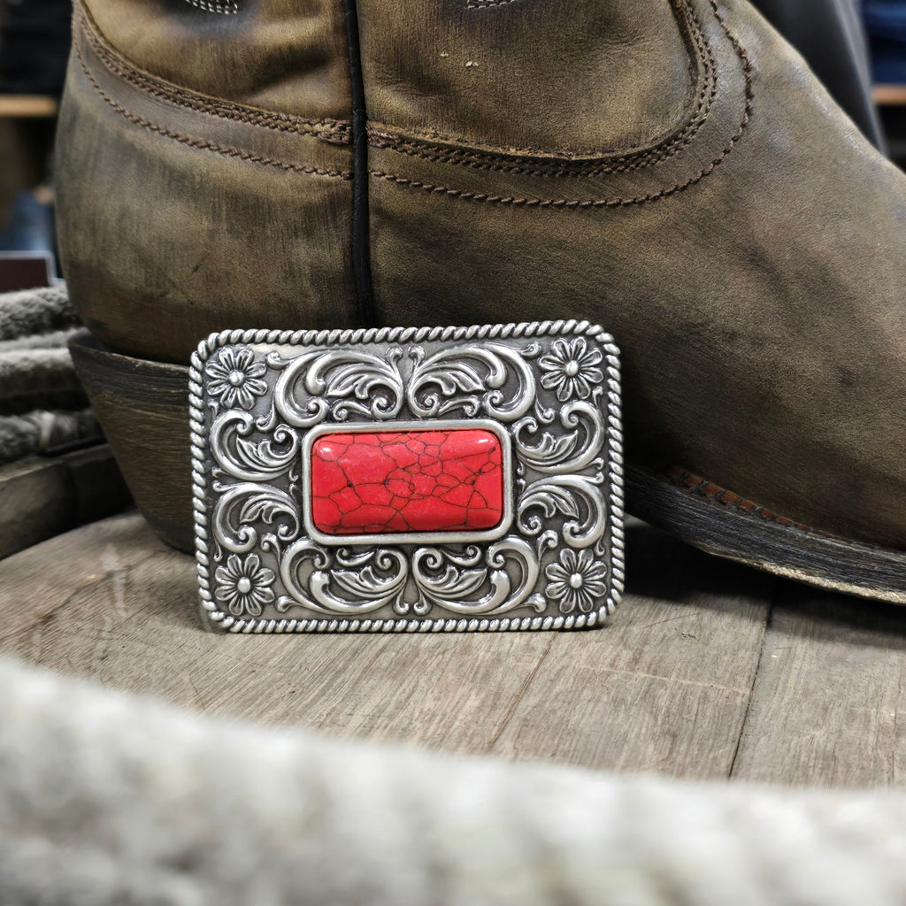 "Big Red' Filigree Faux Stone Belt Buckle