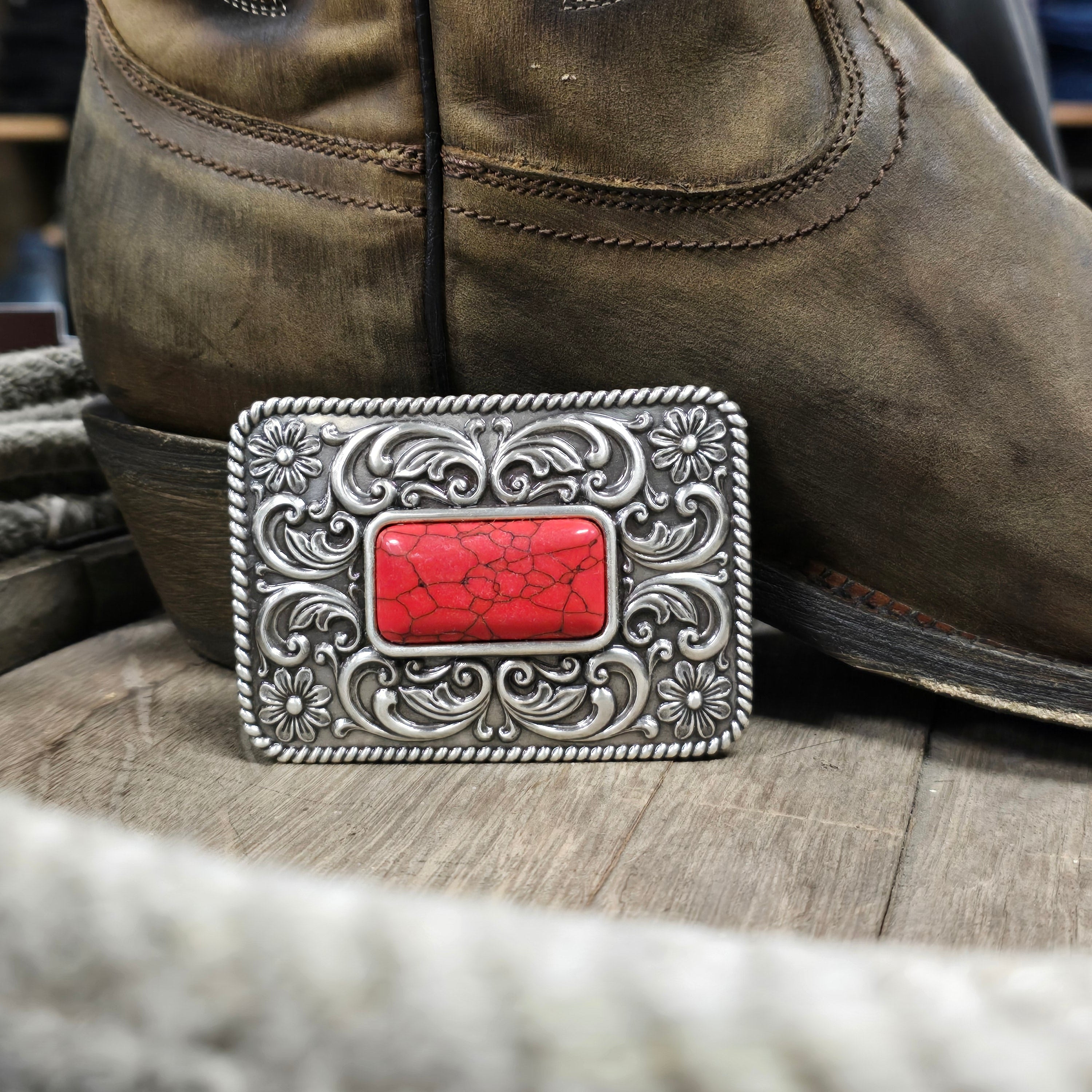 "Big Red' Filigree Faux Stone Belt Buckle