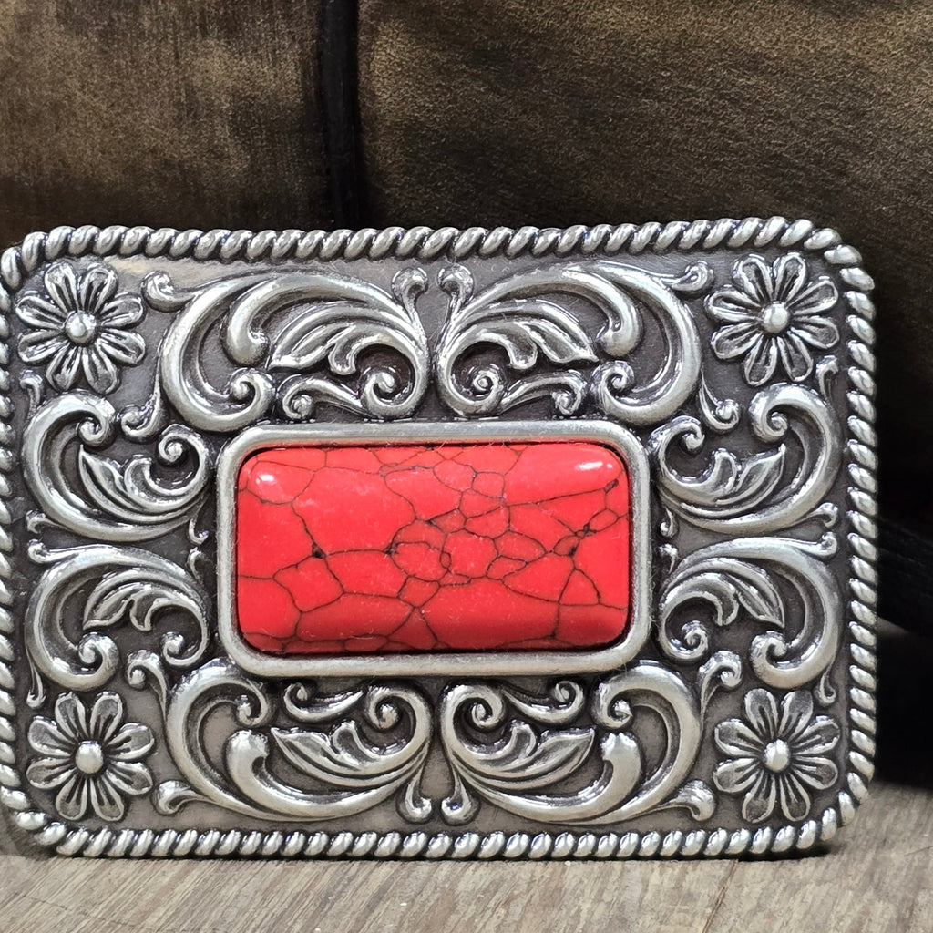 "Big Red' Filigree Faux Stone Belt Buckle