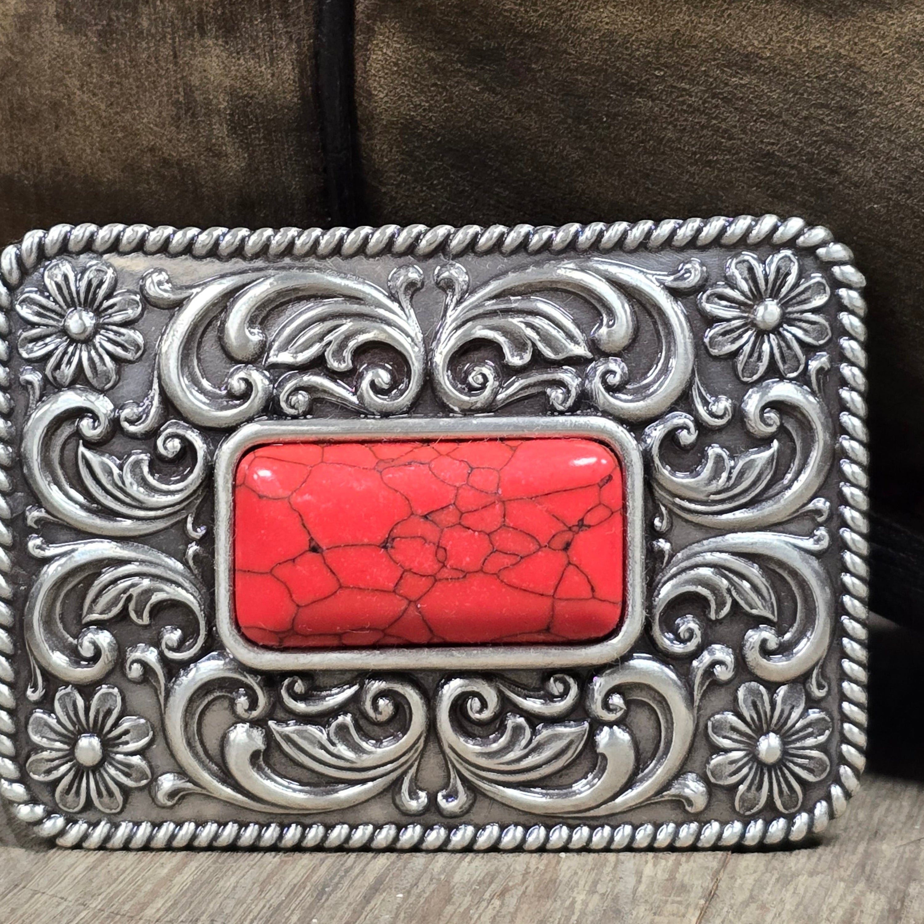 "Big Red' Filigree Faux Stone Belt Buckle