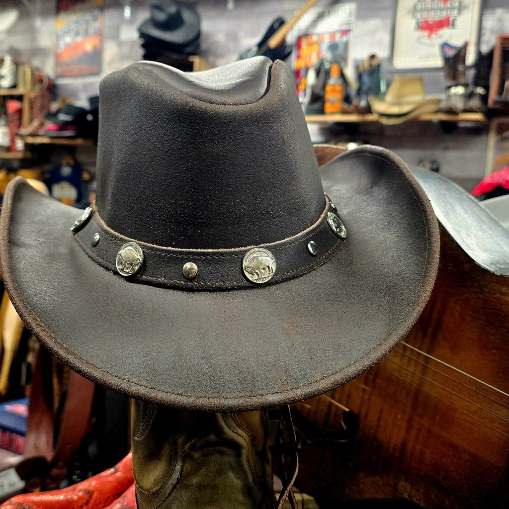Rockin' Cowboy Brand  Buffalo Nickel Leather Cowboy Hat  Black/ Brown