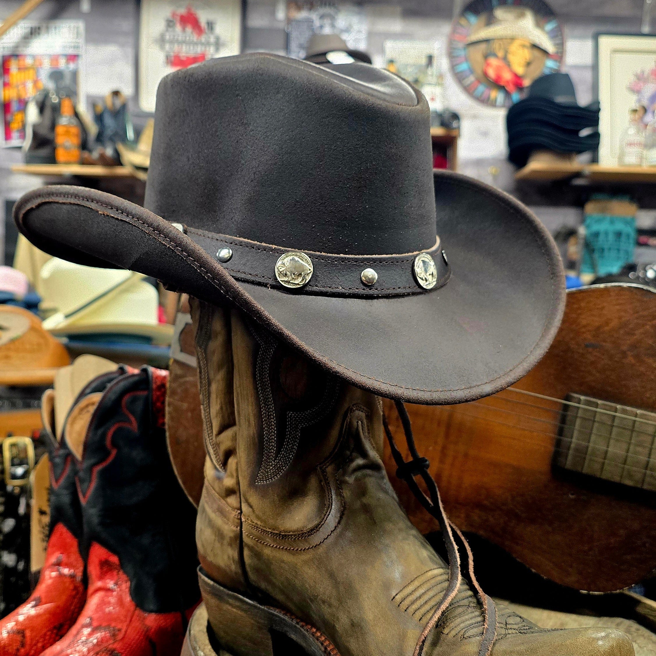 Rockin' Cowboy Brand  Buffalo Nickel Leather Cowboy Hat  Black/ Brown