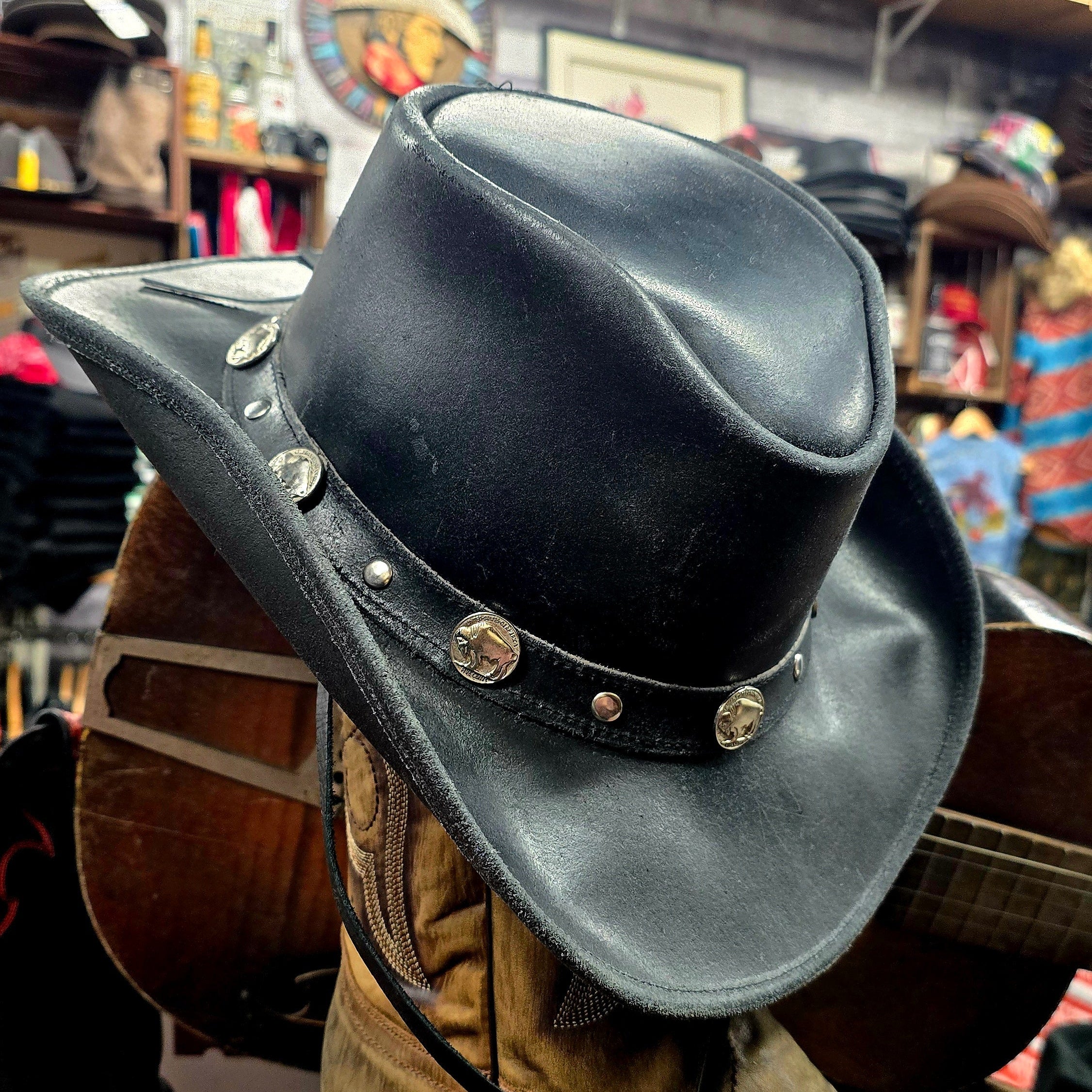 Rockin' Cowboy Brand  Buffalo Nickel Leather Cowboy Hat  Black/ Brown