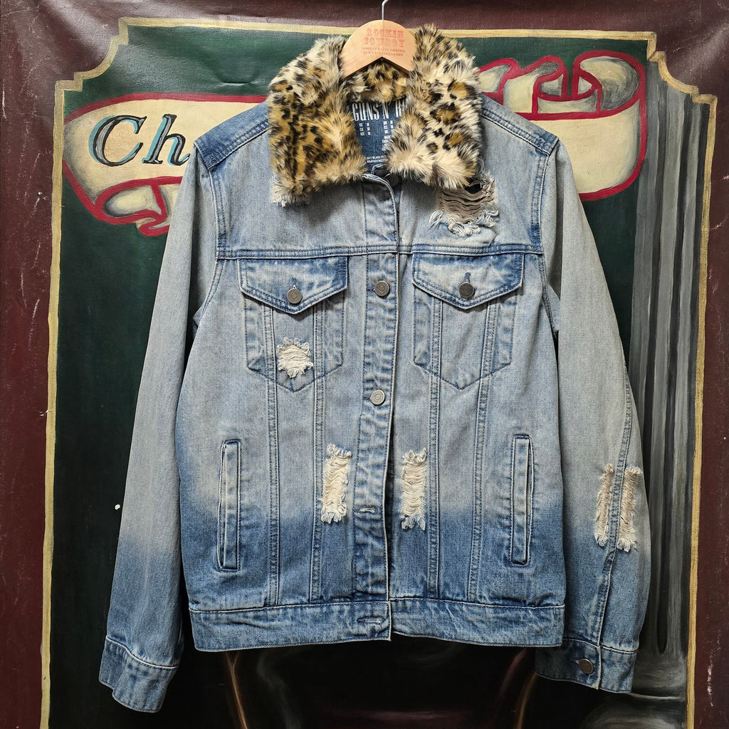 Guns & Roses Black Frog Embroidered And Printed Distressed Faux Fur Denim Jacket