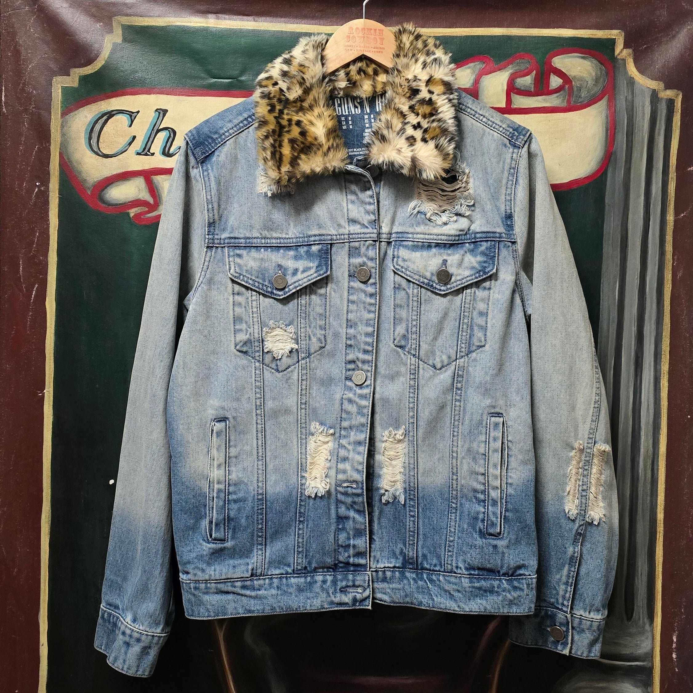 Guns & Roses Black Frog Embroidered And Printed Distressed Faux Fur Denim Jacket
