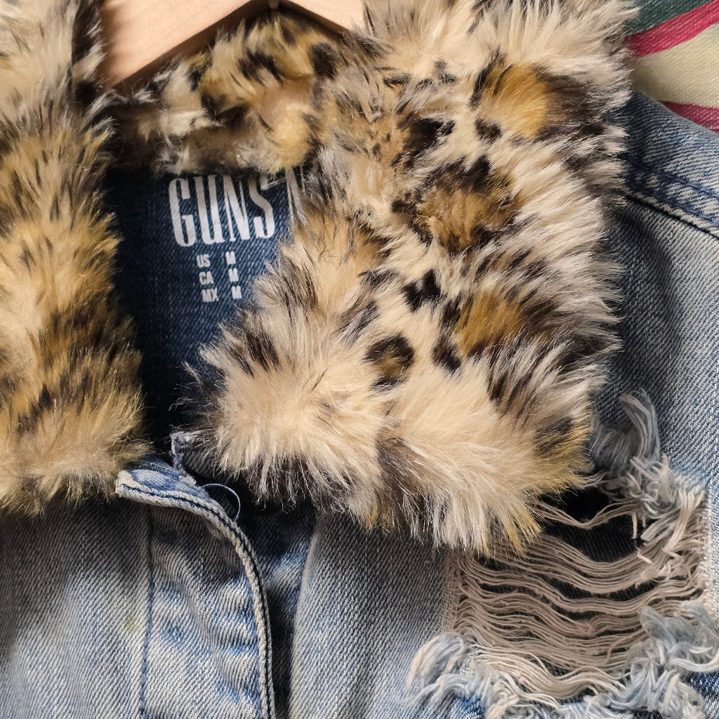 Guns & Roses Black Frog Embroidered And Printed Distressed Faux Fur Denim Jacket