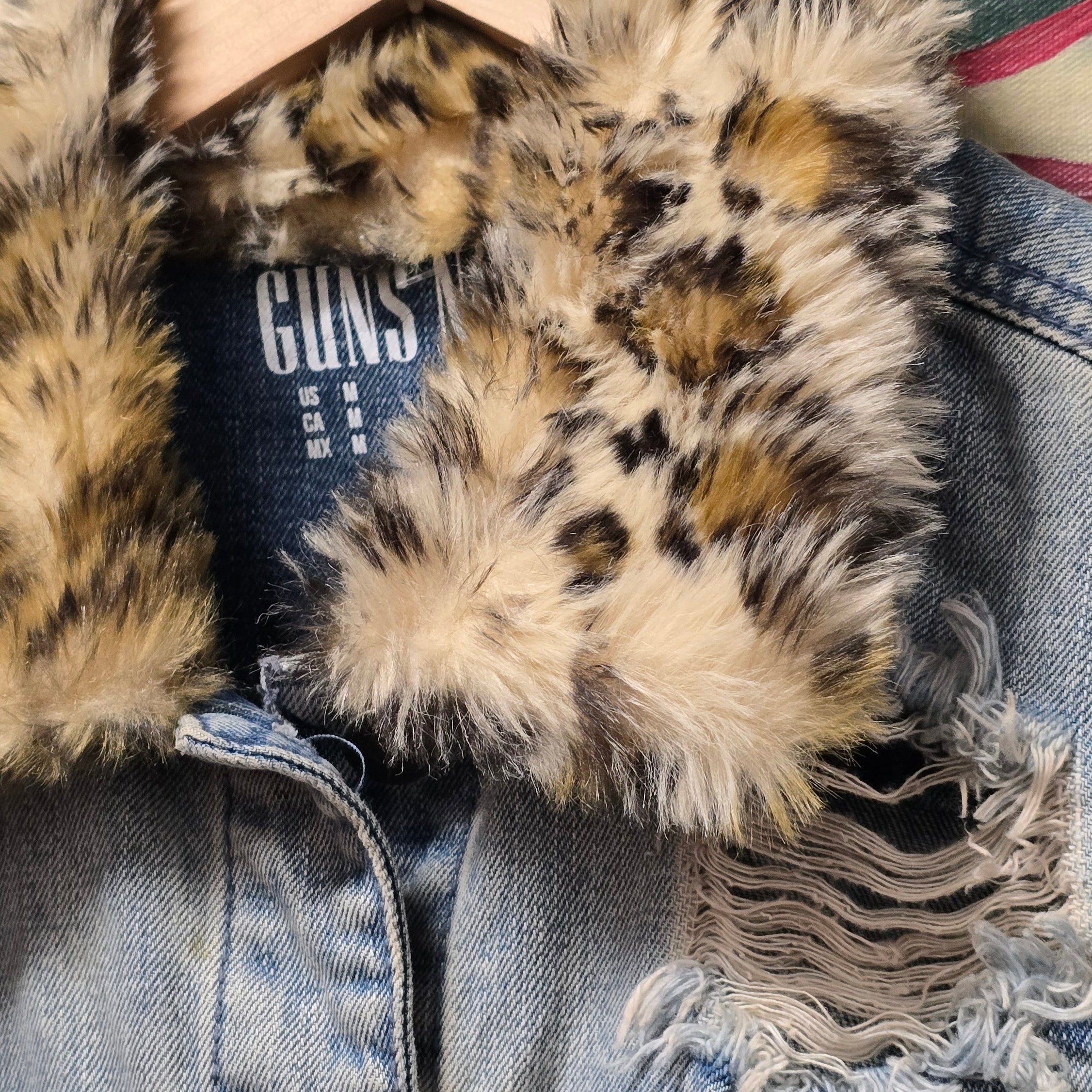 Guns & Roses Black Frog Embroidered And Printed Distressed Faux Fur Denim Jacket