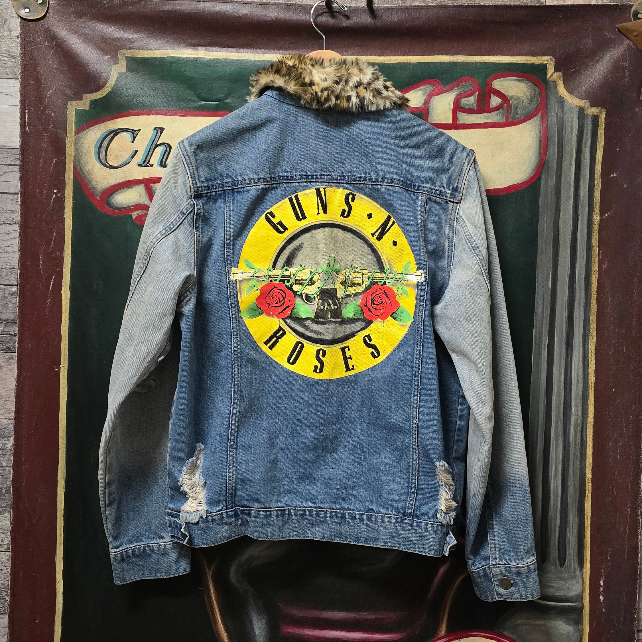Guns & Roses Black Frog Embroidered And Printed Distressed Faux Fur Denim Jacket