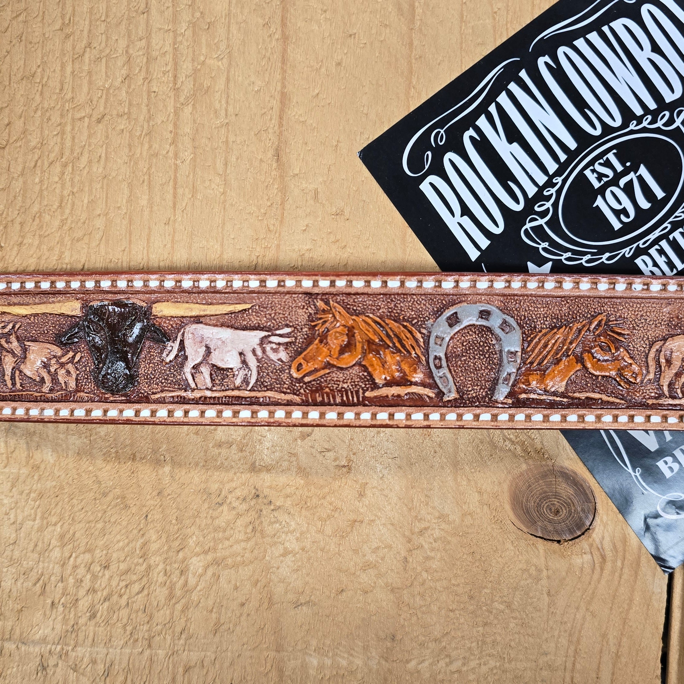 Texas Gold Tooled Leather Animal Graphic Belt