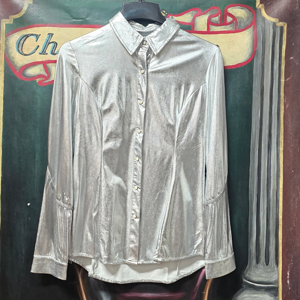 Silver " Cosmic Cowgirl"   lame chain fringe shirt