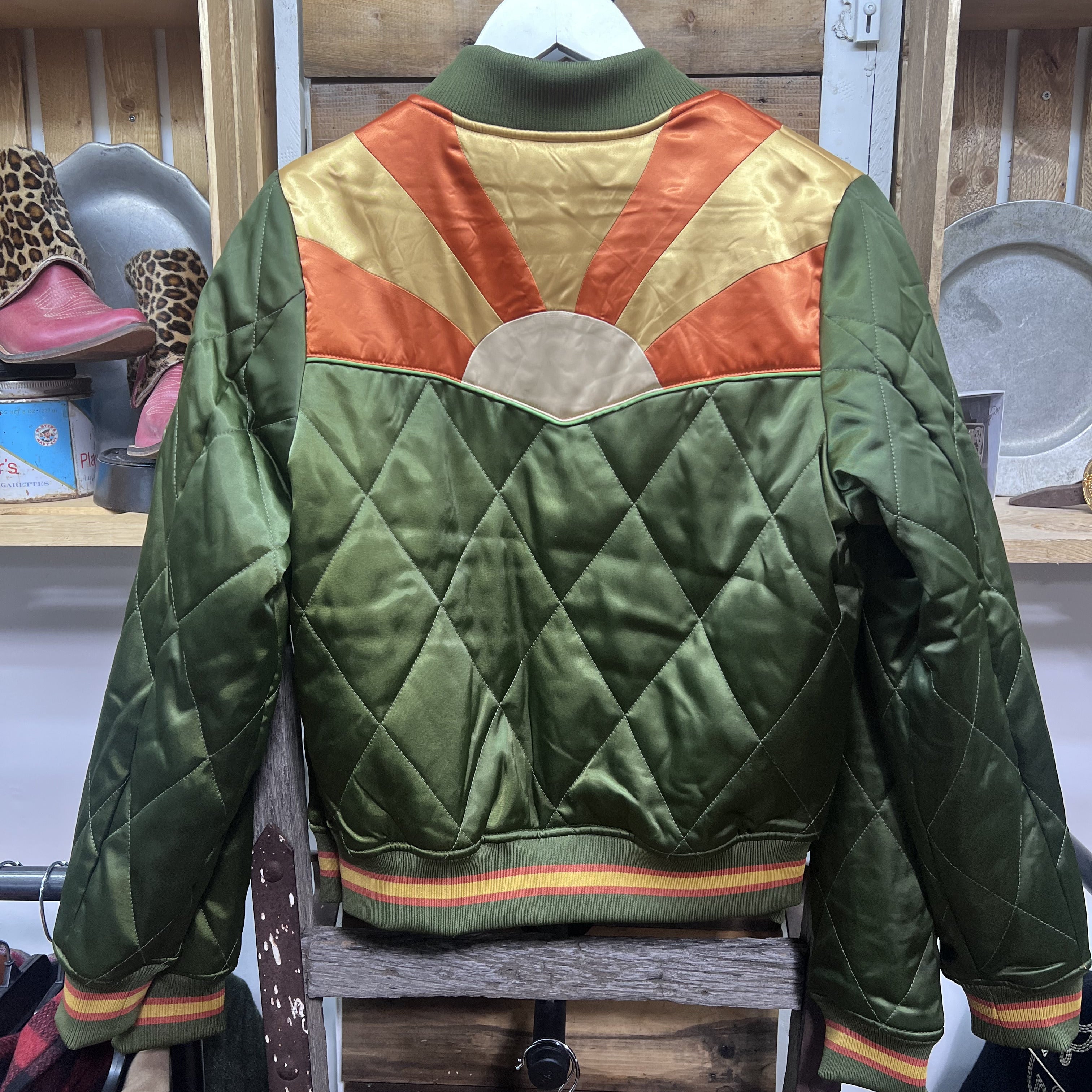 Unisex Classic Rock Couture Olive Green Rising Sun Bomber Jacket - Badlands AB Exclusive