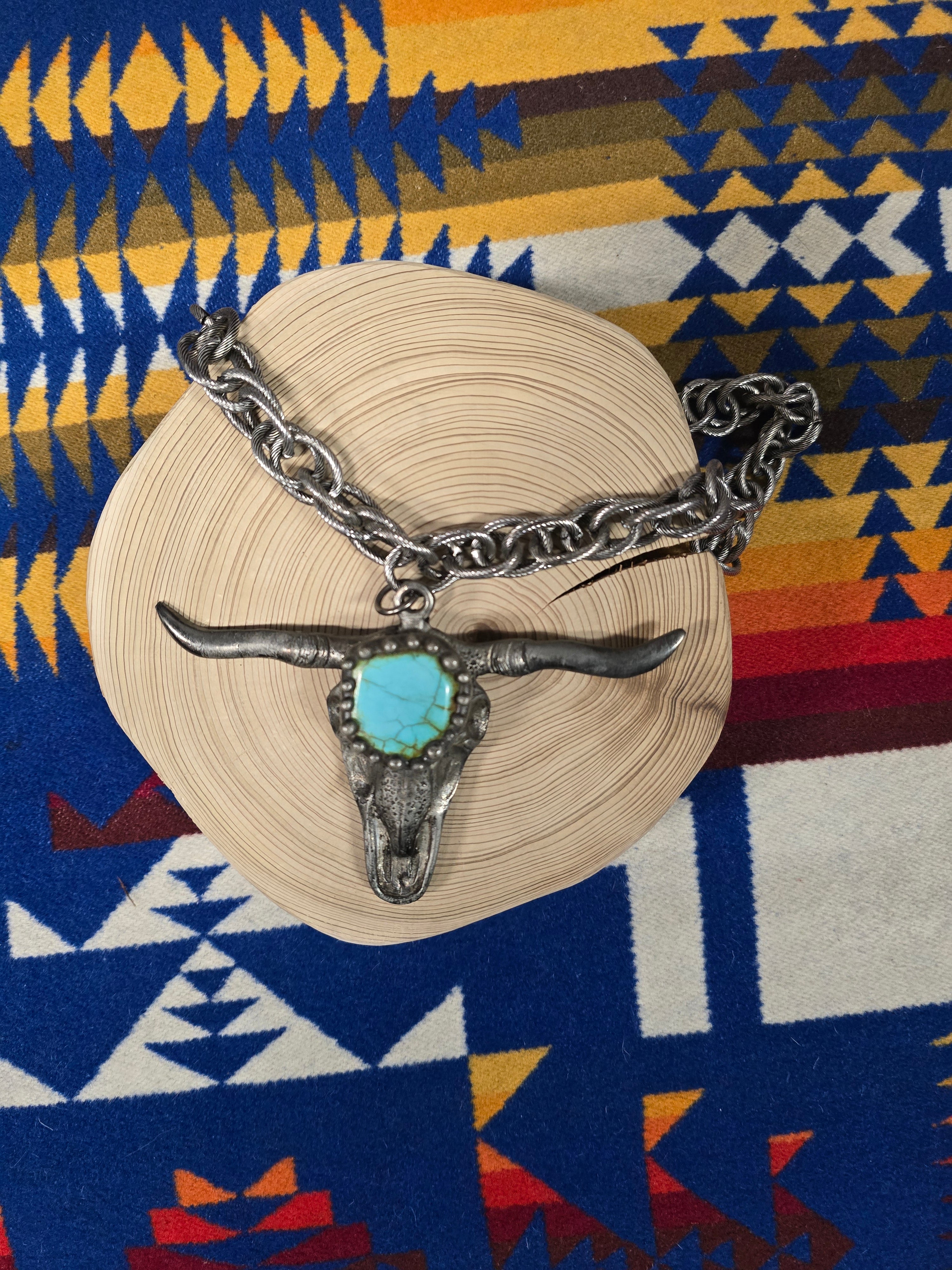 Art By Amy Genuine turquoise Long Horn Skull Necklace
