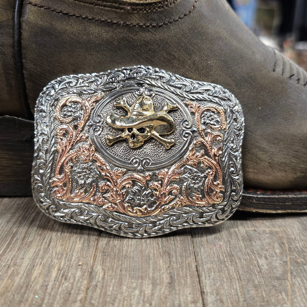 Cowboy Skull & Crossbones Tri-Tone Belt Buckle