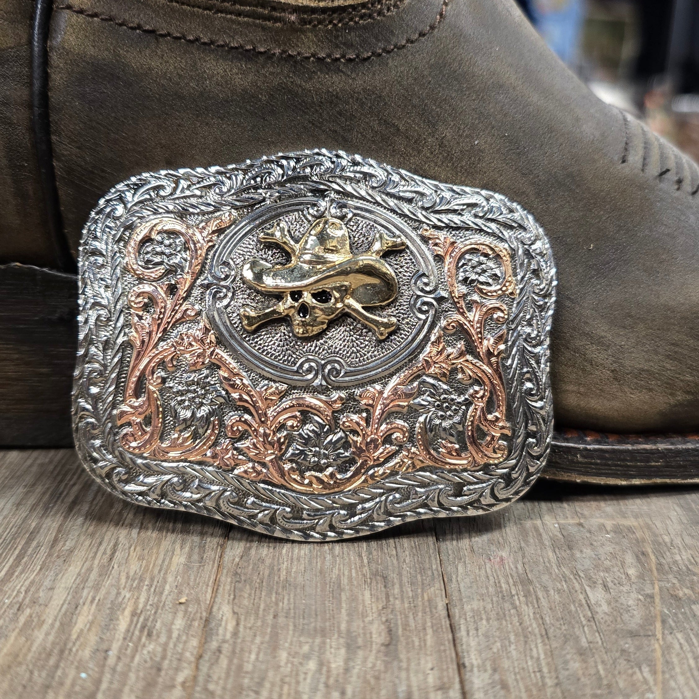 Cowboy Skull & Crossbones Tri-Tone Belt Buckle