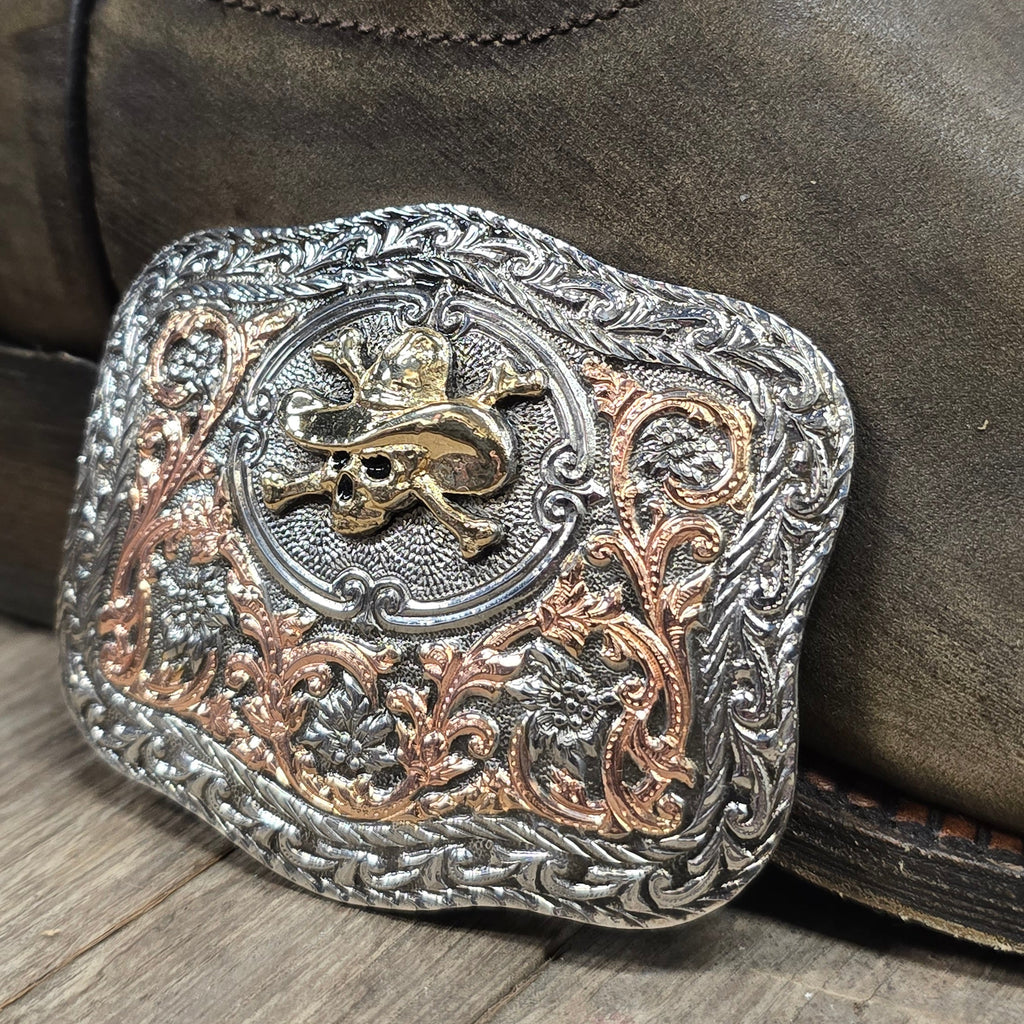 Cowboy Skull & Crossbones Tri-Tone Belt Buckle