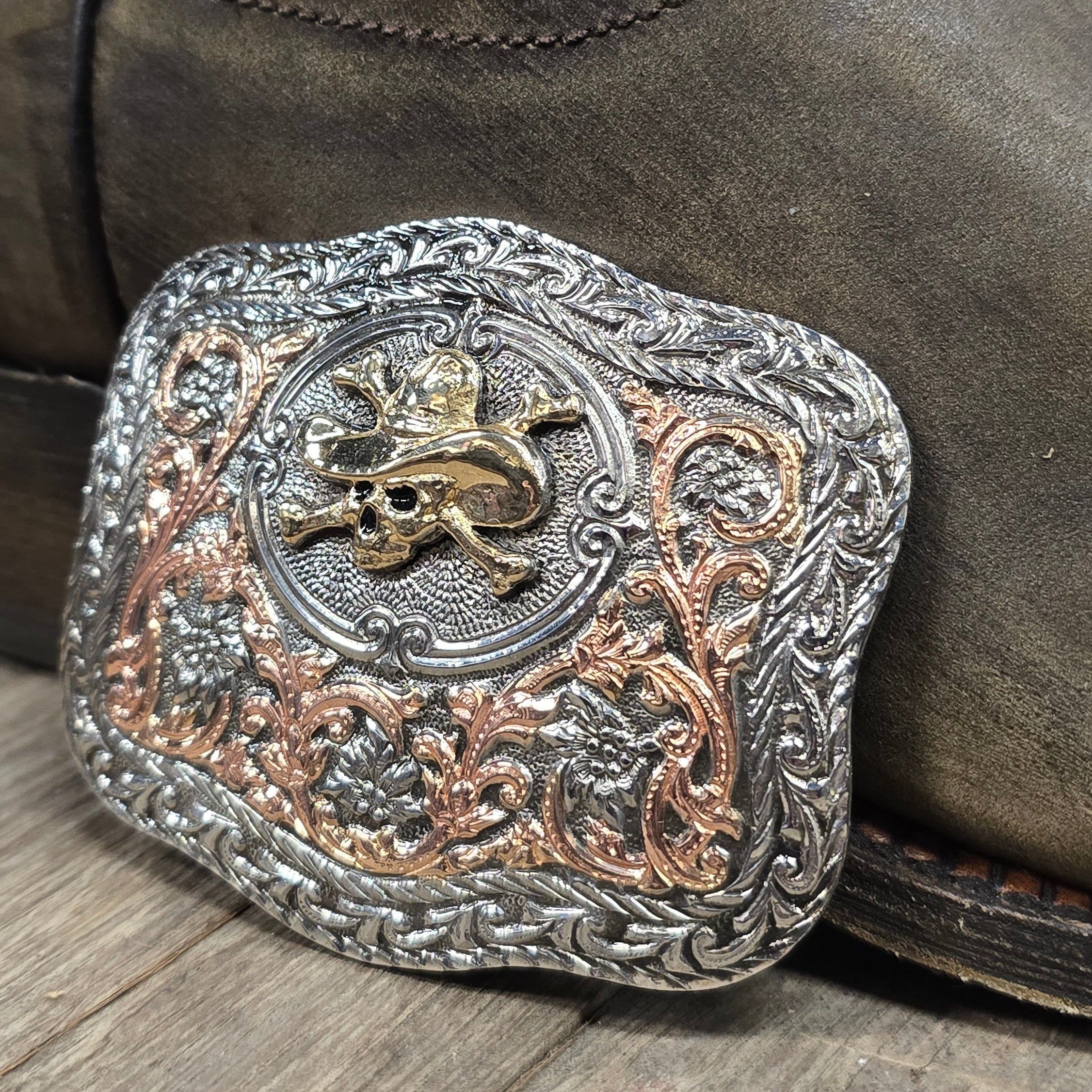 Cowboy Skull & Crossbones Tri-Tone Belt Buckle