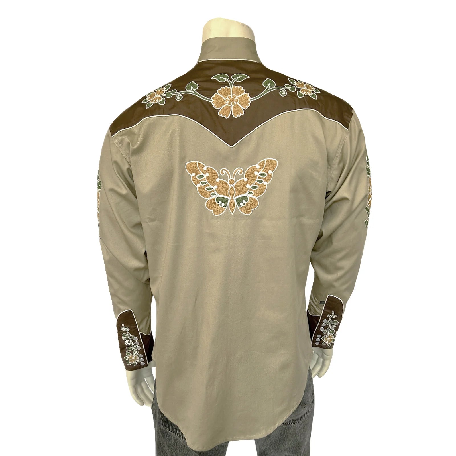 Rockmount Men's Vintage Tan Floral Butterfly Embroidered Western Shirt