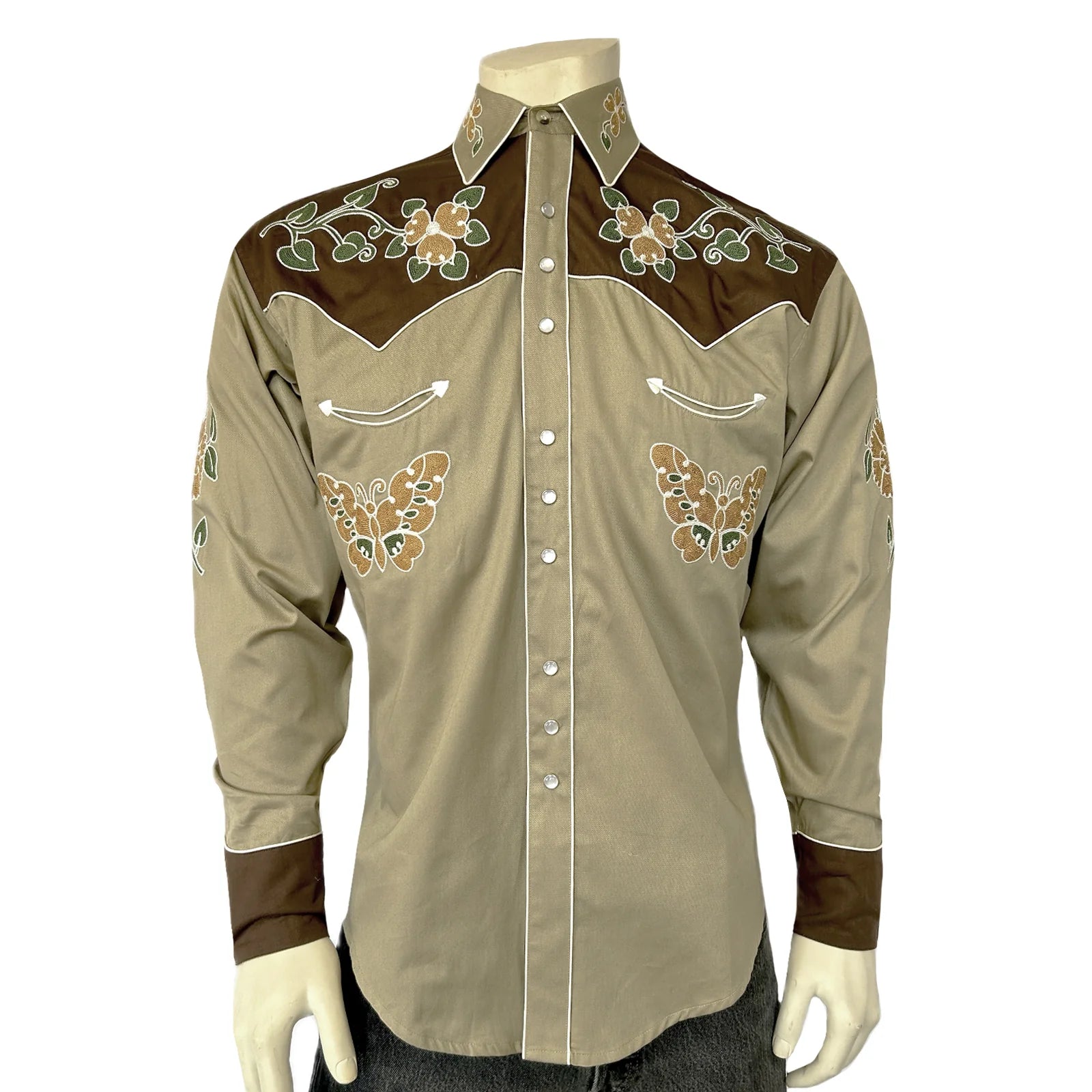 Rockmount Men's Vintage Tan Floral Butterfly Embroidered Western Shirt
