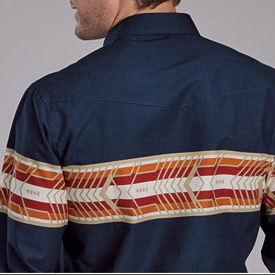 Roper Men's Navy Aztec Border Print Long Sleeve Western Shirt