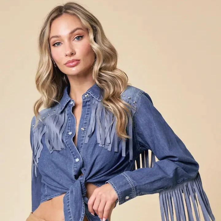 Saints & Hearts Denim Fringe Top