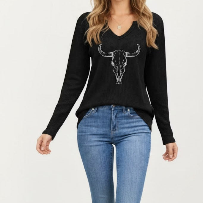 Longhorn Rip V Neck Waffle Top