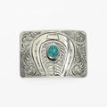 Hand Engraved German Silver Horseshoe Western Belt Buckle with Turquoise