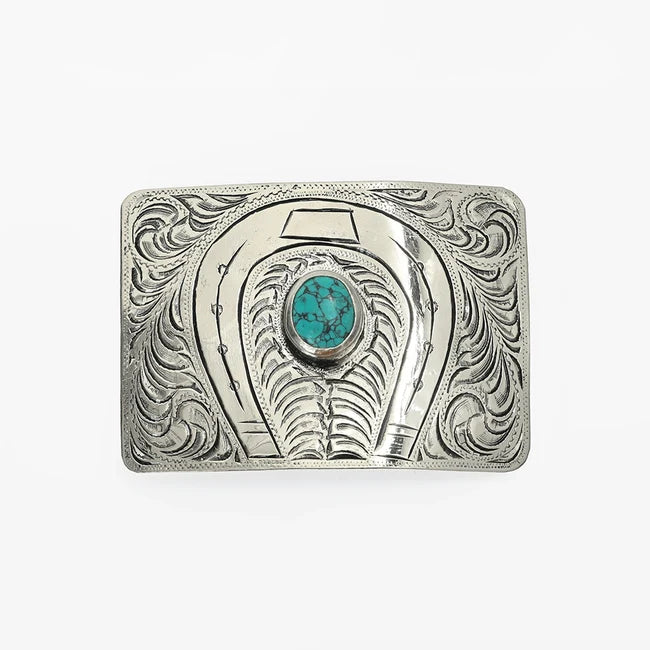 Hand Engraved German Silver Horseshoe Western Belt Buckle with Turquoise