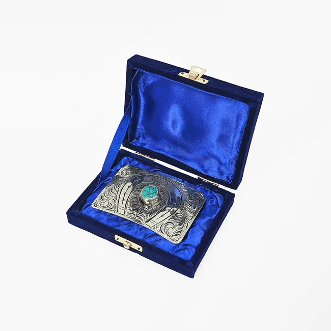 Hand Engraved German Silver Horseshoe Western Belt Buckle with Turquoise