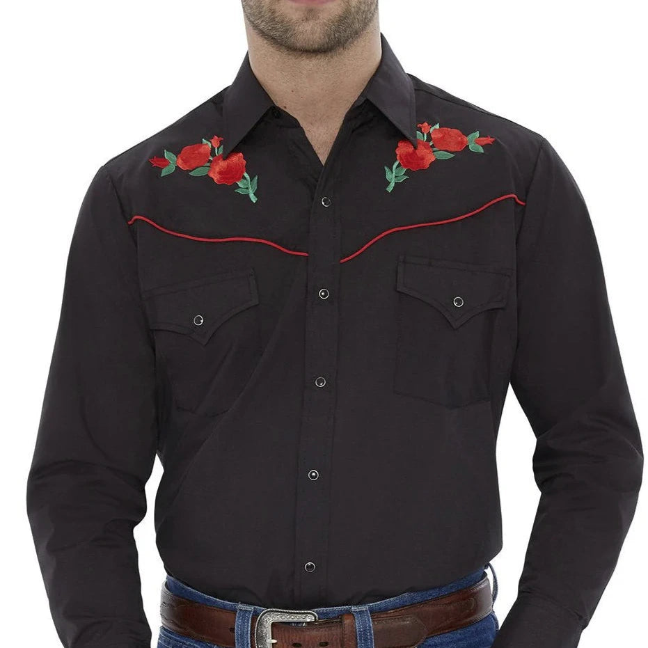 Men's Ely Cattleman Long Sleeve Western Snap Shirt with Rose Embroidery