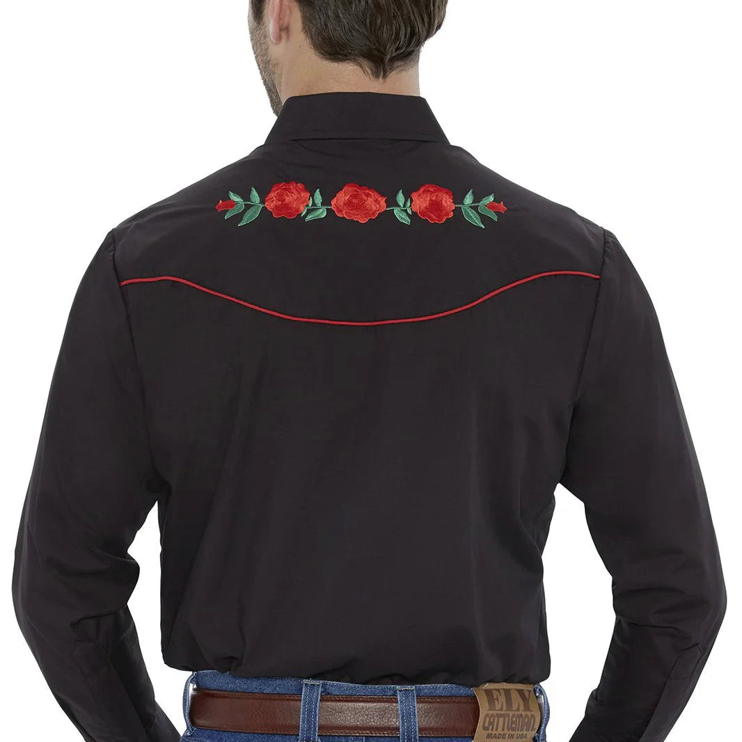 Men's Ely Cattleman Long Sleeve Western Snap Shirt with Rose Embroidery