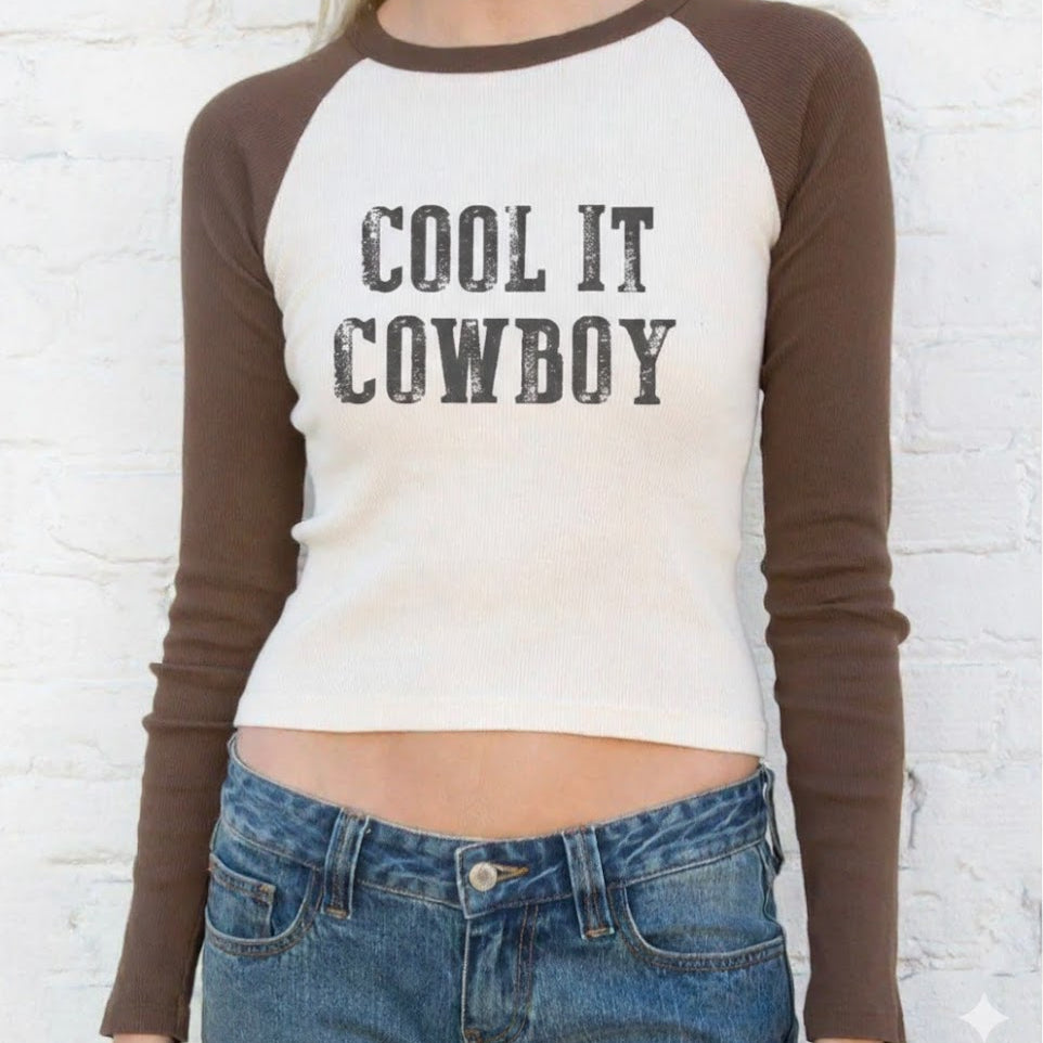 "Cool It Cowboy"   Blue Acid Wash Crop / Crop Baseball T