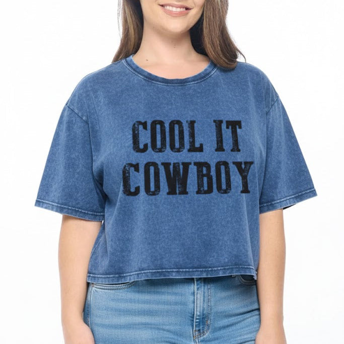 "Cool It Cowboy"   Blue Acid Wash Crop / Crop Baseball T