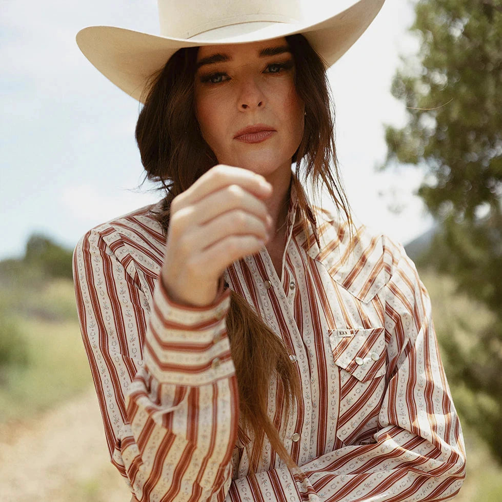 Women's Cowboygirl Ranch Rig Rust Horseshoe Stripe Print Granddaddy Snap Shirt