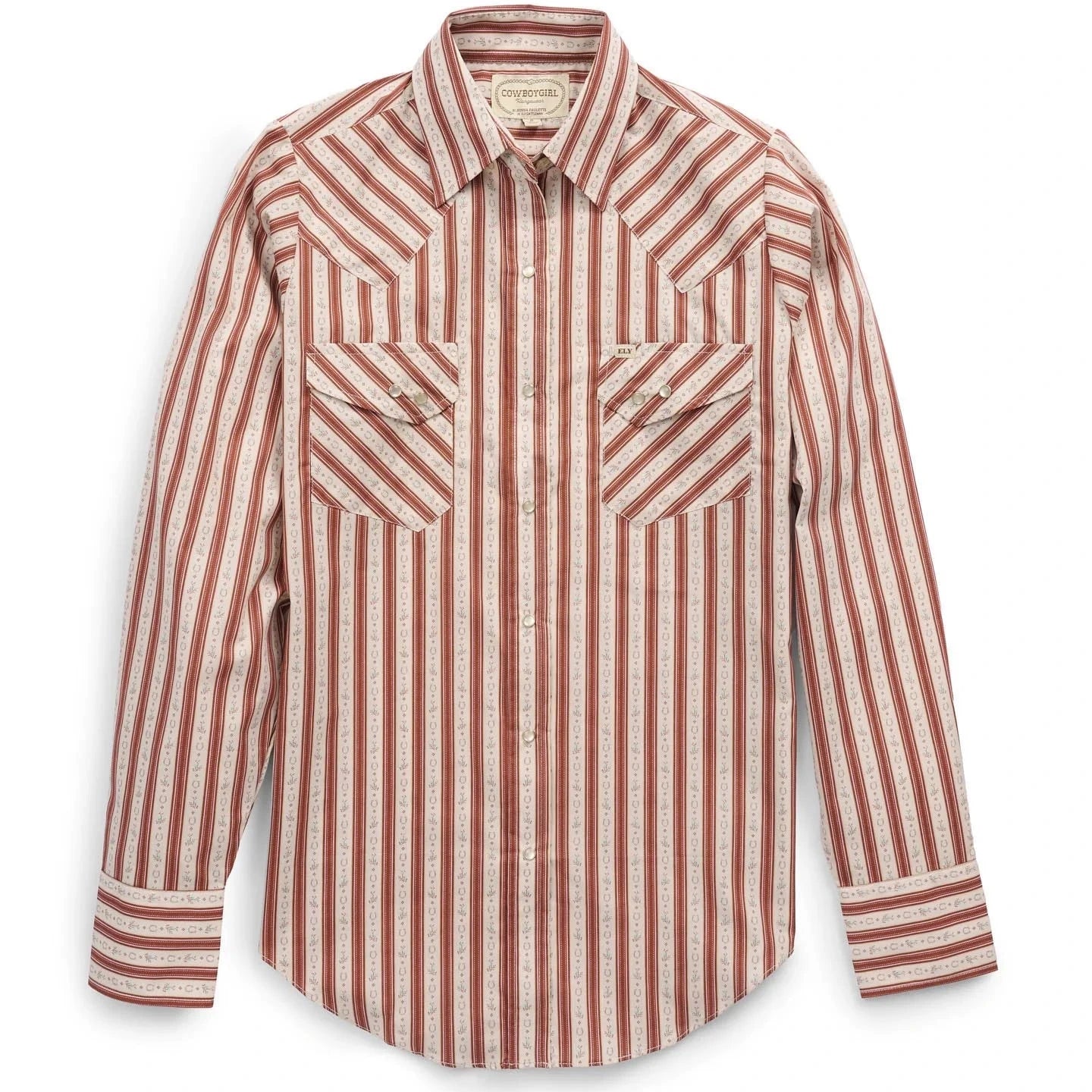 Women's Cowboygirl Ranch Rig Rust Horseshoe Stripe Print Granddaddy Snap Shirt