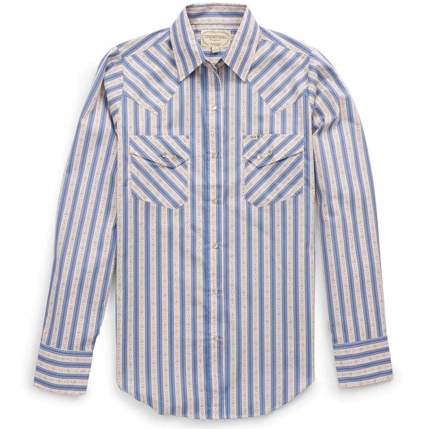 Women's Cowboygirl Horseshoe Cowboy Blue Stripe Print Granddaddy Snap Shirt