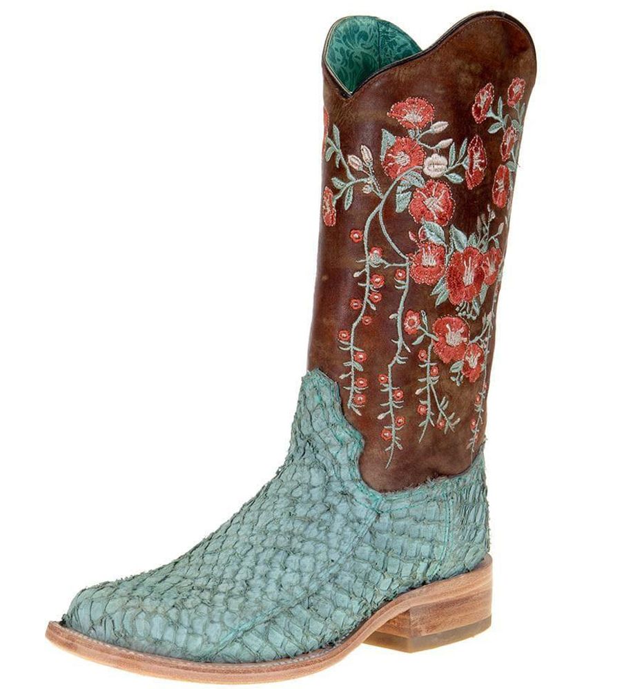 Corral Turquoise and Tan Fish Boots with Brown Floral Shaft