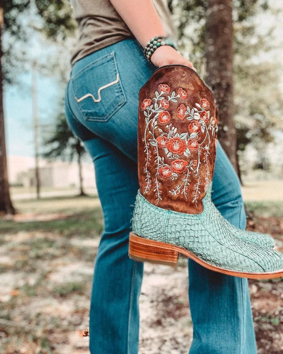 Corral Turquoise and Tan Fish Boots with Brown Floral Shaft