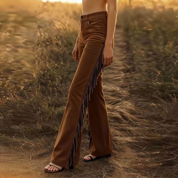 Saints Hearts Brown Denim Fringe Pants