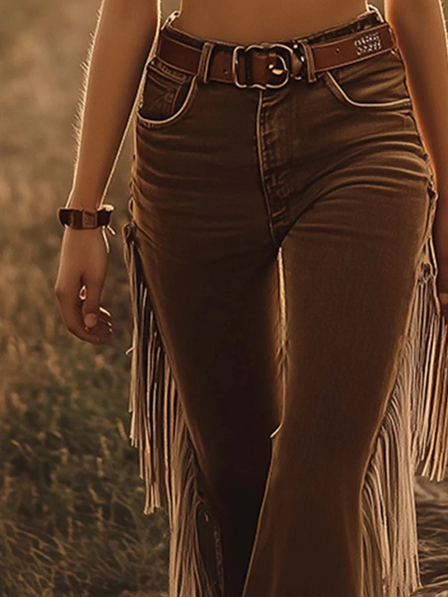 Saints Hearts Brown Denim Fringe Pants